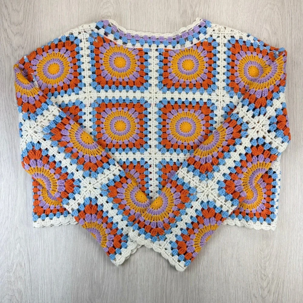 Sincerely Jules Women‎ Crochet Granny Square Crop Sweater Multi Color Boho Small
